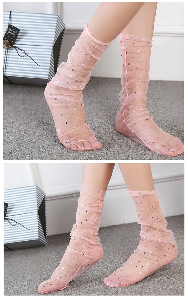 Ultra-thin Transparent Crystal Glass Silk Socks Star Moon Sequin Mesh Socks Pink 1 Pair