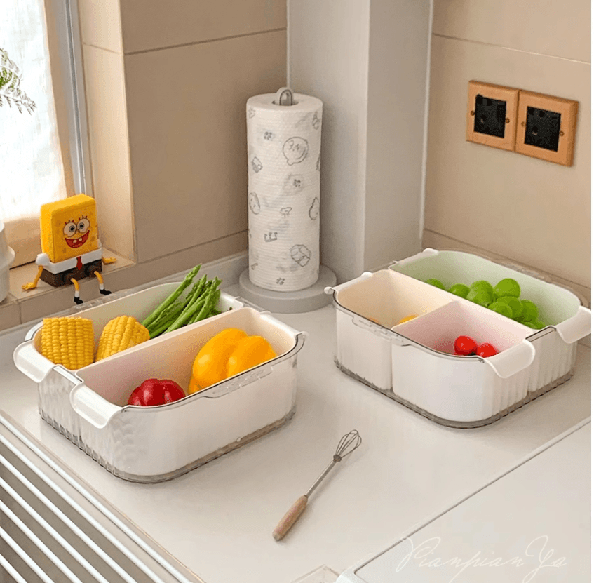 雙層廚房火鍋備菜盤食品級分格瀝水收納盒洗菜家用多功能瀝水籃#白色四格一件入