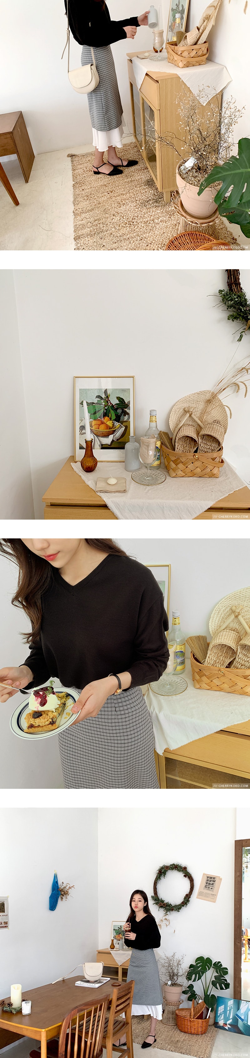【韩国直邮】CHERRYKOKO 纯色修身V领舒适基础薄款长袖针织衫 黑色 均码