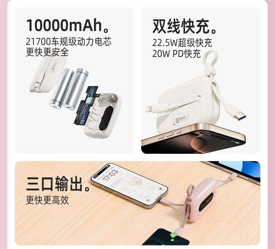 【中國直郵】 沃品 行動電源自帶線大容量快充小巧便攜上飛機適用iPhone16蘋果華為小米專用行動電源小彩蛋 10000mAh 蜜桃粉