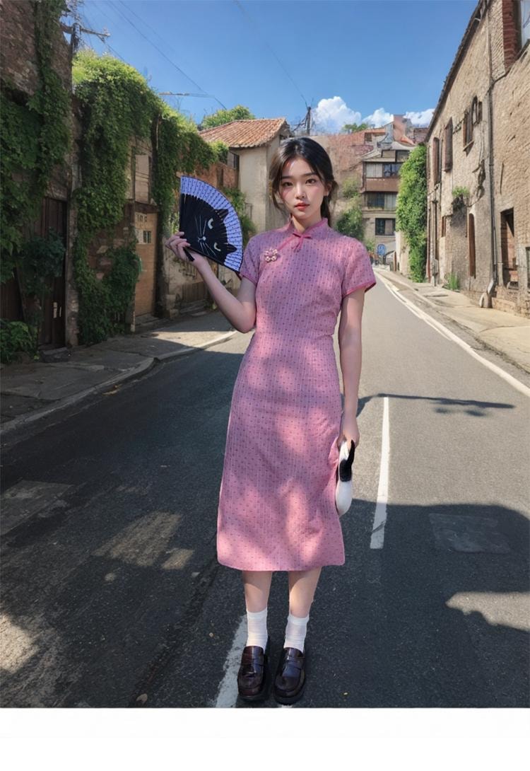 【中國直郵】 水月秦淮 甜美少女粉色新中式旗袍裙日常國風收腰顯瘦連身裙粉色L碼