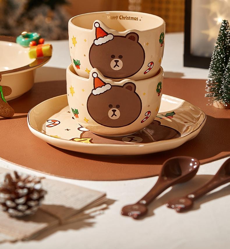 【中國直郵】日本 LINE FRIENDS 布朗熊聖誕餐具碗蝶盤套裝家用陶瓷碗菜盤伴手禮新款餐盤飯碗套裝 聖誕餐具-星星盤