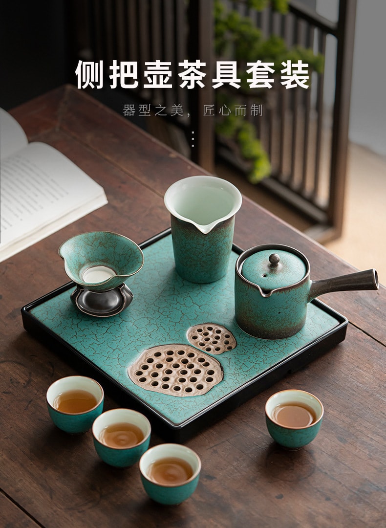 BECWARE中國傳統窯變工藝9頭茶具組 高端功夫茶具帶茶盤 孔雀綠 1件入