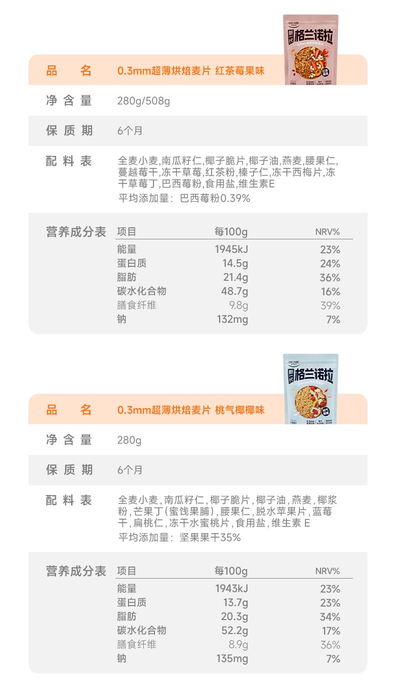 【中国直邮】欧扎克  格兰诺拉帕梅拉超薄烘焙麦片即食代餐饱腹干吃  桃气椰椰味280g/袋