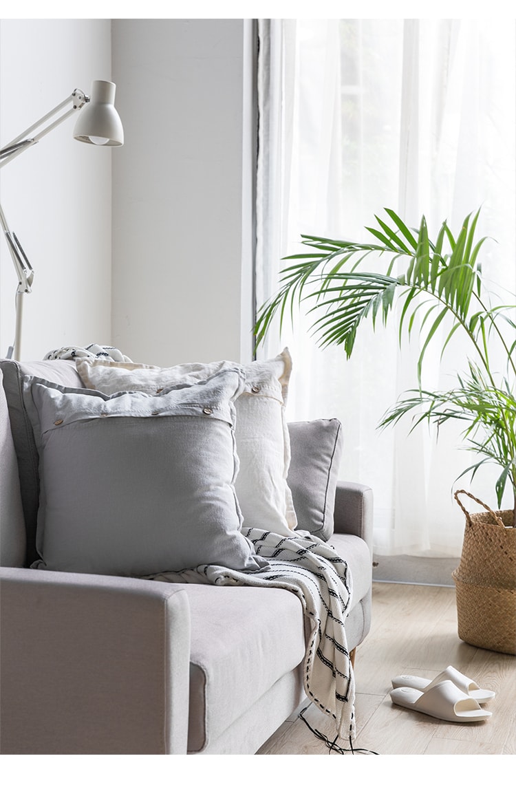 述物椰壳扣亚麻抱枕靠垫家用沙发客厅简约北欧靠枕床头抱枕套-米白