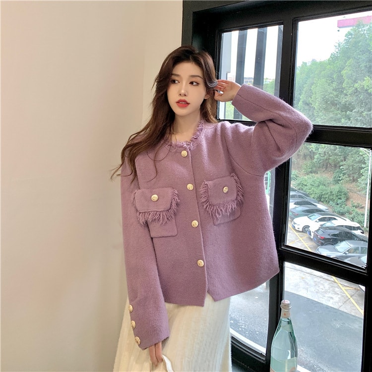 中國直郵 奢笛熊 藍色學院風開衫外套新款法式溫柔風設計感針織上衣 紫色均碼