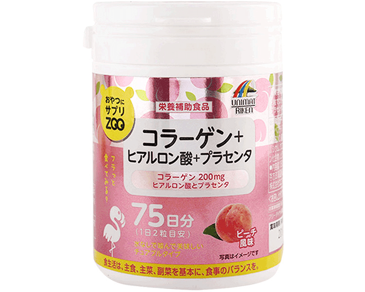 【日本直邮】UNIMAT RIKEN ZOO营养补充咀嚼片 胶原蛋白+玻尿酸+胎盘素 水蜜桃味 150粒 75天量