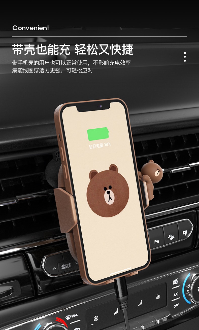 【中國直郵】LINE FRINEDS 出風口電動手機支架 卡通感應無線快充車載手機支架 可妮兔