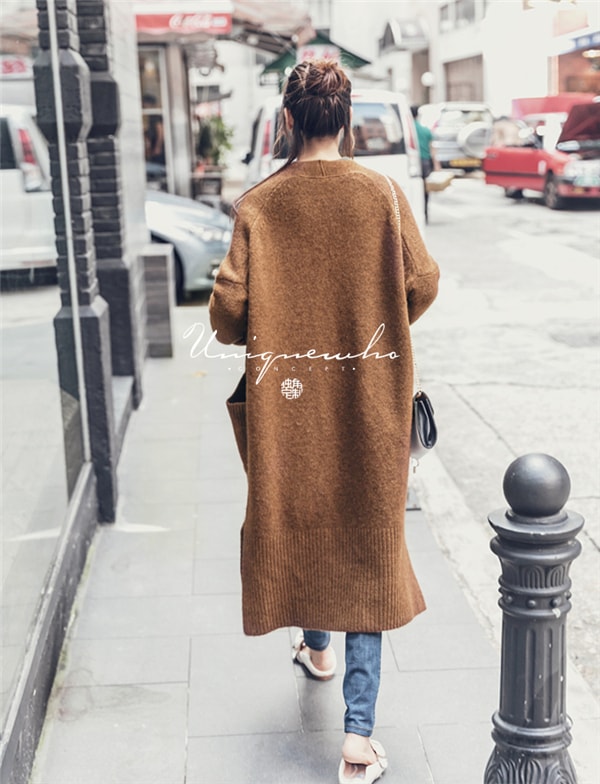 Dark Brown Long Wool Cardigan Sweater Coat M