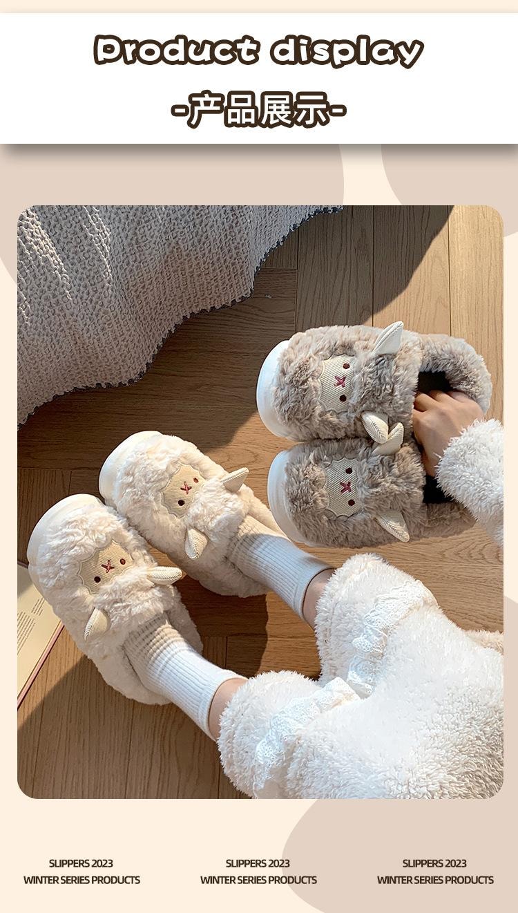 可【中国直邮】 FOXTAIL爱小绵羊秋冬棉拖鞋 女士 包跟 月子鞋 防滑 毛毛拖鞋-不包跟 咖啡色 38-39(适合平时 37-38)1双 *|