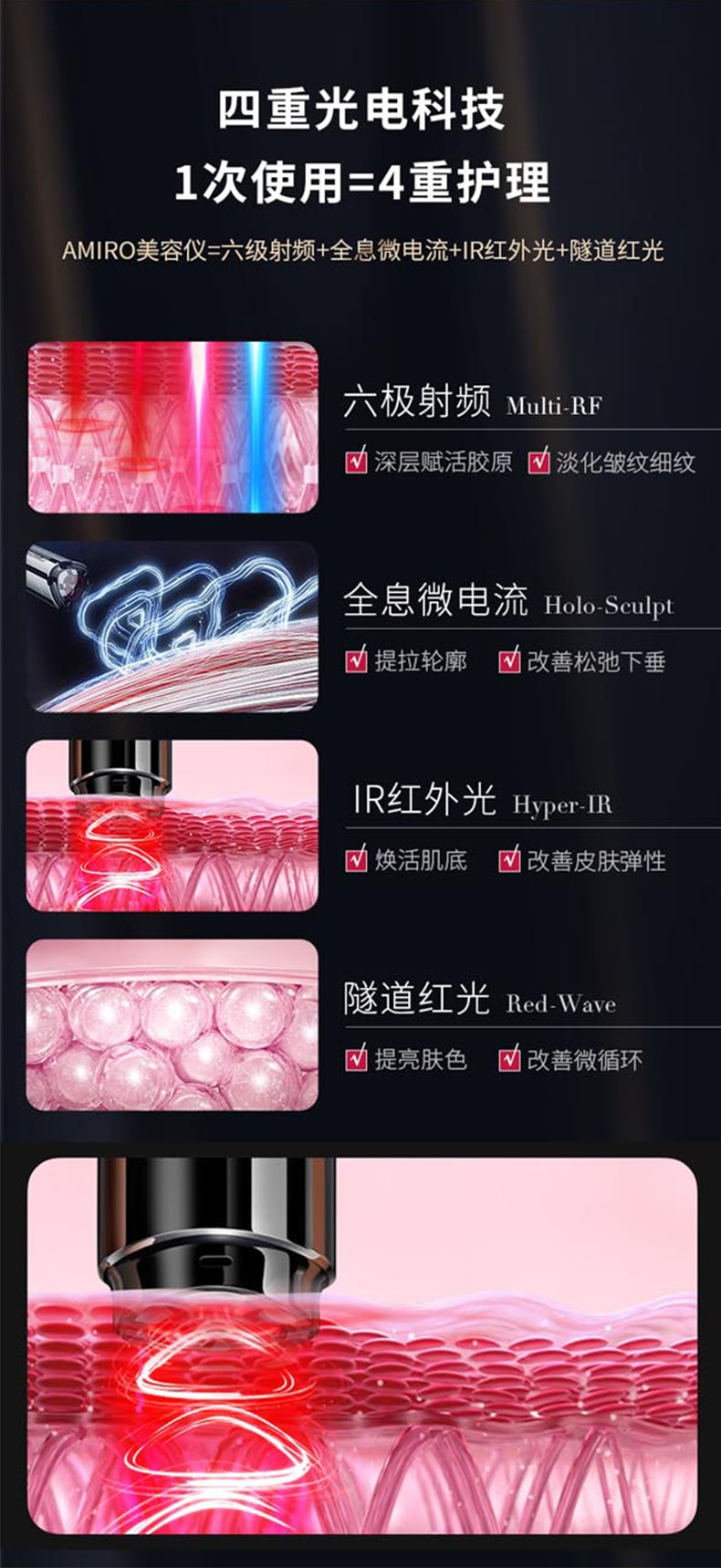 【特惠套装】中国直邮AMIRO觅光R1PRO六级射频美容仪家用提拉紧致嫩肤鎏金粉美妆镜更多凝胶