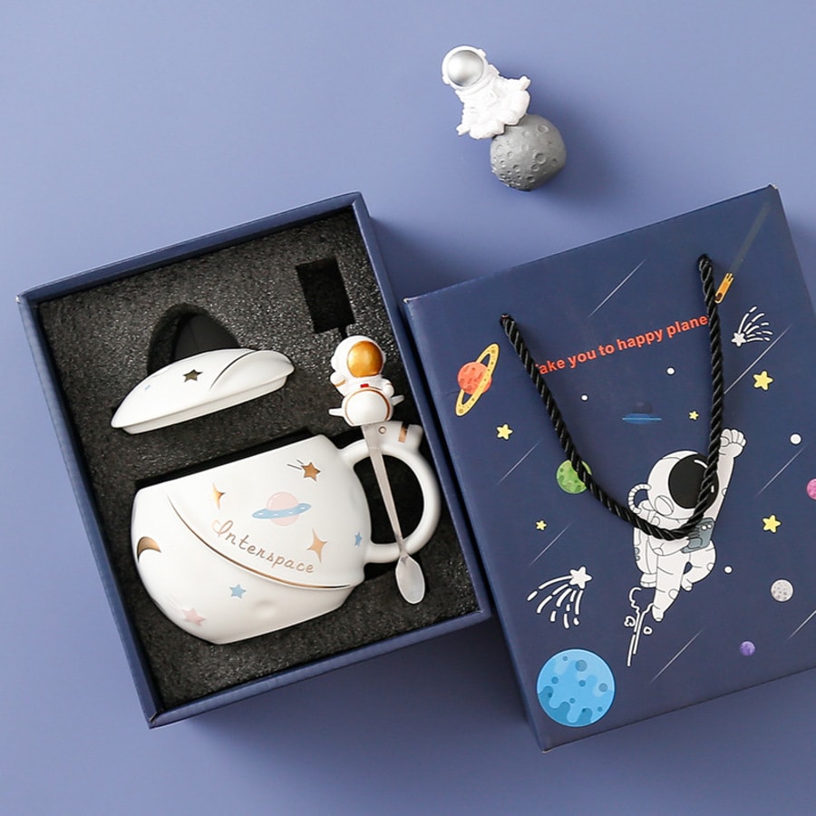【送好礼】 火箭星球马克杯 创意太空宇航员水杯 大容量咖啡杯陶瓷杯子 礼盒装 天蓝色 1套