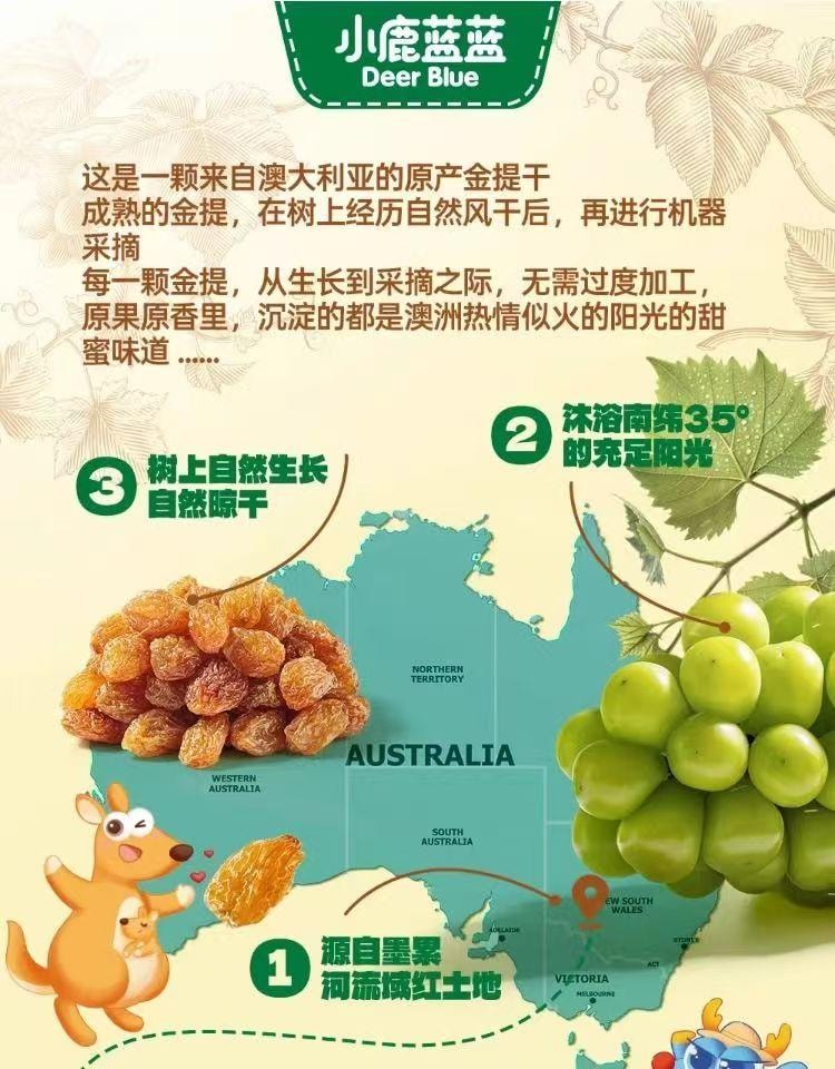  小鹿蓝蓝 金苏丹娜澳洲金提干 免洗葡萄干 果中精品 树上风干 无熏硫 70g 7小袋单独分装
