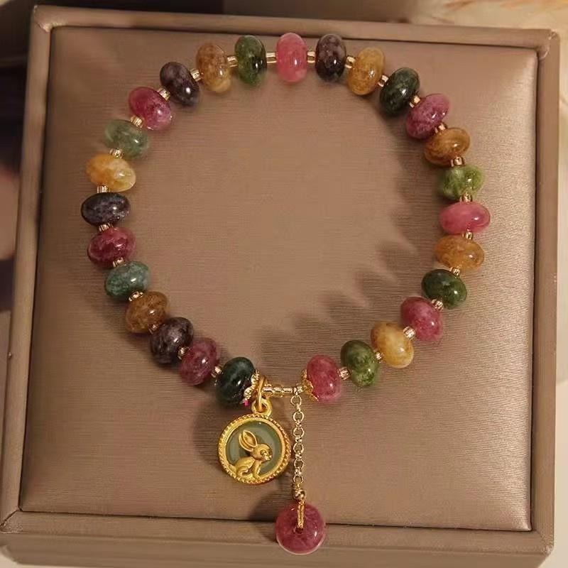 【中国直邮】  亲太太 天然碧玺玉石手链女复古  月兔望月手链  1条装