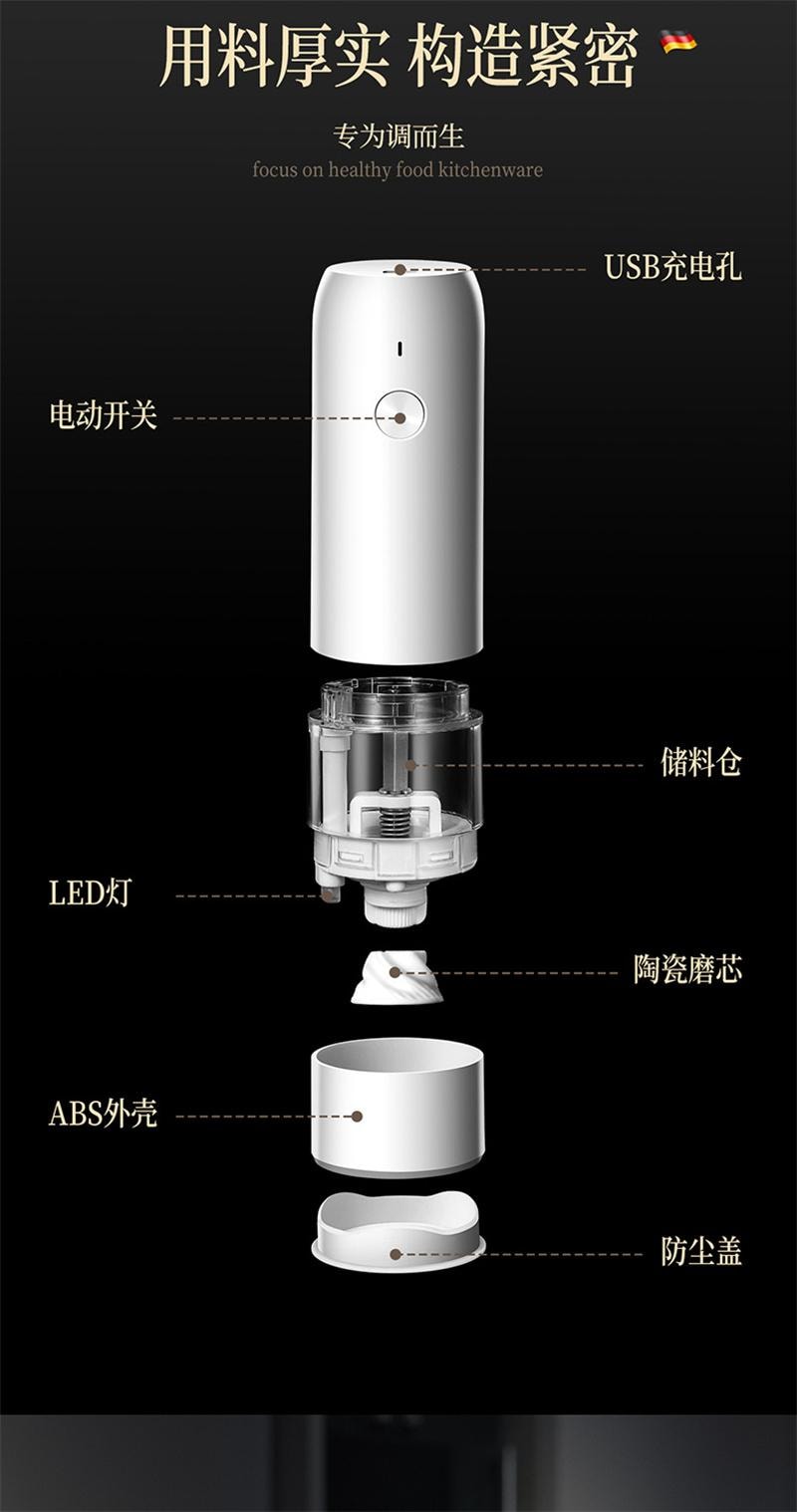 【中国直邮】  德铂仕 电动研磨器家用胡椒研磨器磨豆器便携无线咖啡豆研磨器 白色 1个装