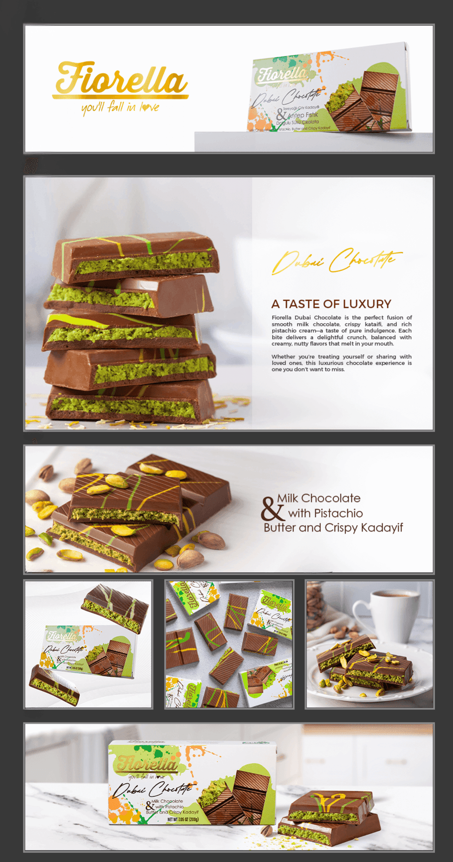  美國 Fiorella 杜拜牛奶巧克力棒 開心果醬加金絲蜜酥 200g – 醇厚絲滑享受