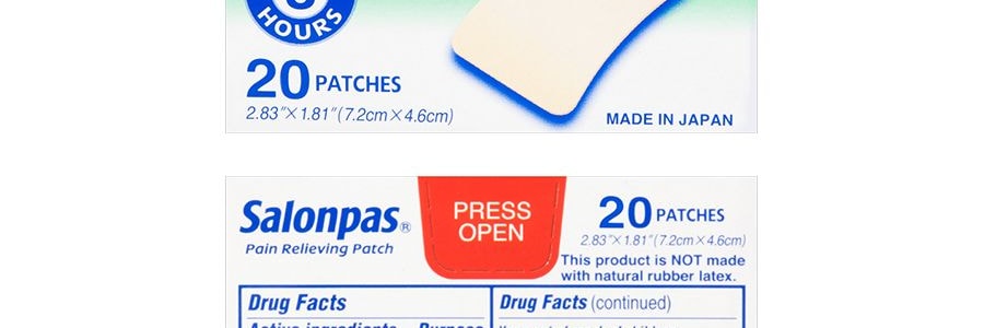Patch Soulage-douleur Salonpas, Appliquer pendant 8 heures, 20 pièces, 2.83''x1.81''