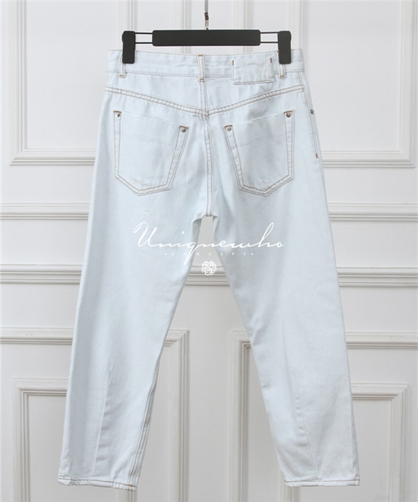 Light Blue Washed Ripped Jeans Straight Denim Pants L