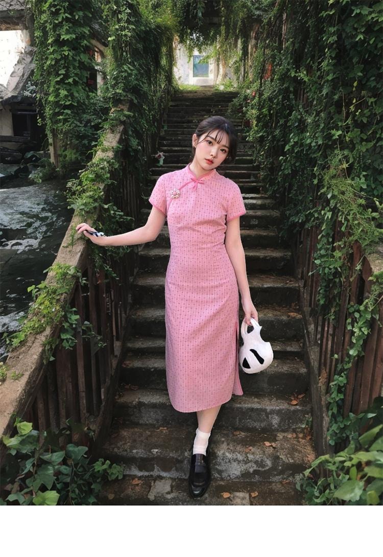 【中國直郵】 水月秦淮 甜美少女粉色新中式旗袍裙日常國風收腰顯瘦連身裙粉色L碼