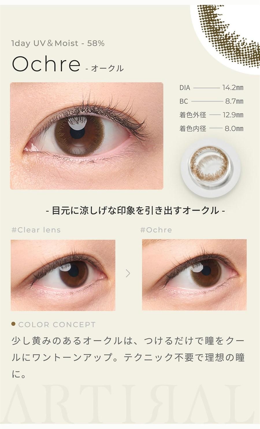 【日本直邮】Artiral UVM 日抛美瞳 抗UV 含水量58% 10枚 Brown 自然棕 (棕色系)着色直径13.0mm 预定3-5天日本直发 度数 0