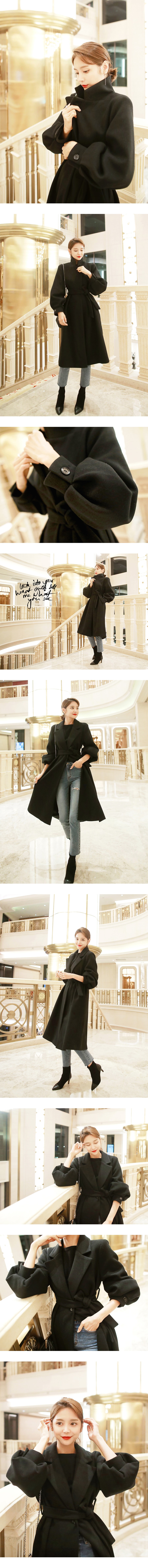 Belted Puff Sleeve Long Coat #Black One Size(S-M)