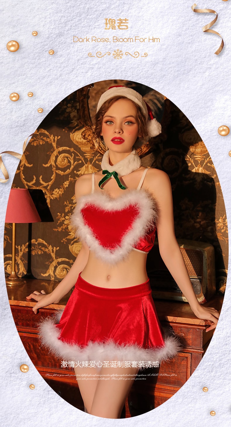 【中国直邮】瑰若 丝绒 爱心吊带 圣诞睡裙 性感制服套装 情趣内衣 红色 S码