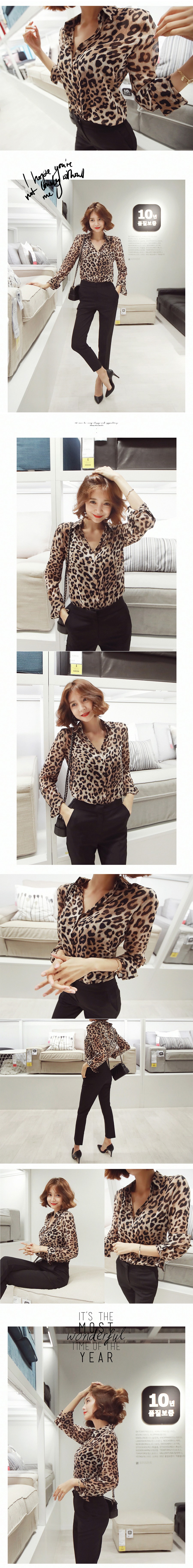 [KOREA] Leopard Print Button-Front Chiffon Blouse Shirt #Caramel Brown One Size(S-M) [免费配送]
