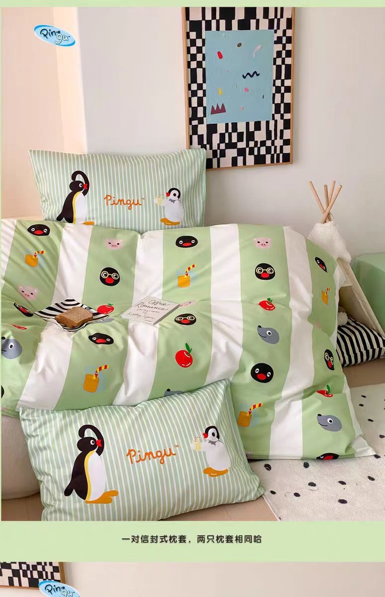 【中国直邮】富山商店 Fushan Store Pingu 清新夏日床单纯棉四件套-绿条款 M 1件|*预计到达时间3-4周