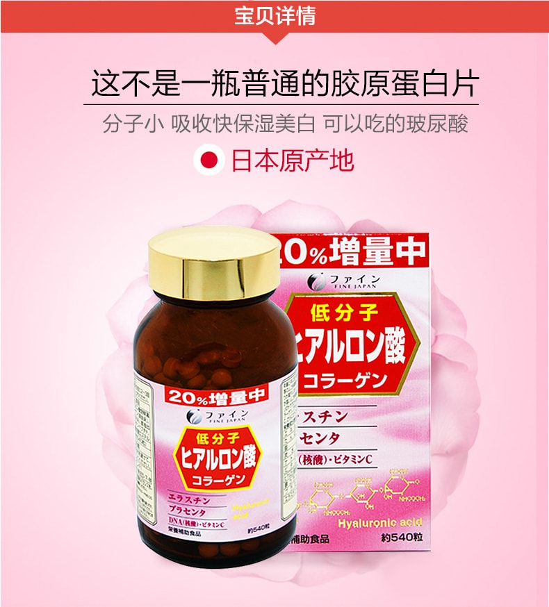 【日本直邮】FINE JAPAN 低分子玻尿酸 胶原蛋白 弹性蛋白 补水保湿 增加肌肤弹性抗衰老 540粒