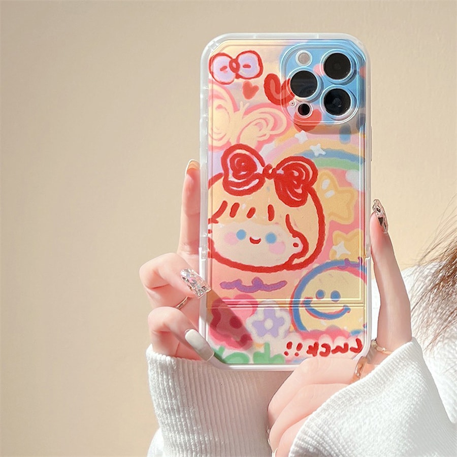 【中国直邮】塔下卡通情侣涂鸦手机壳隐形支架  适用iPhone13 宠物女孩