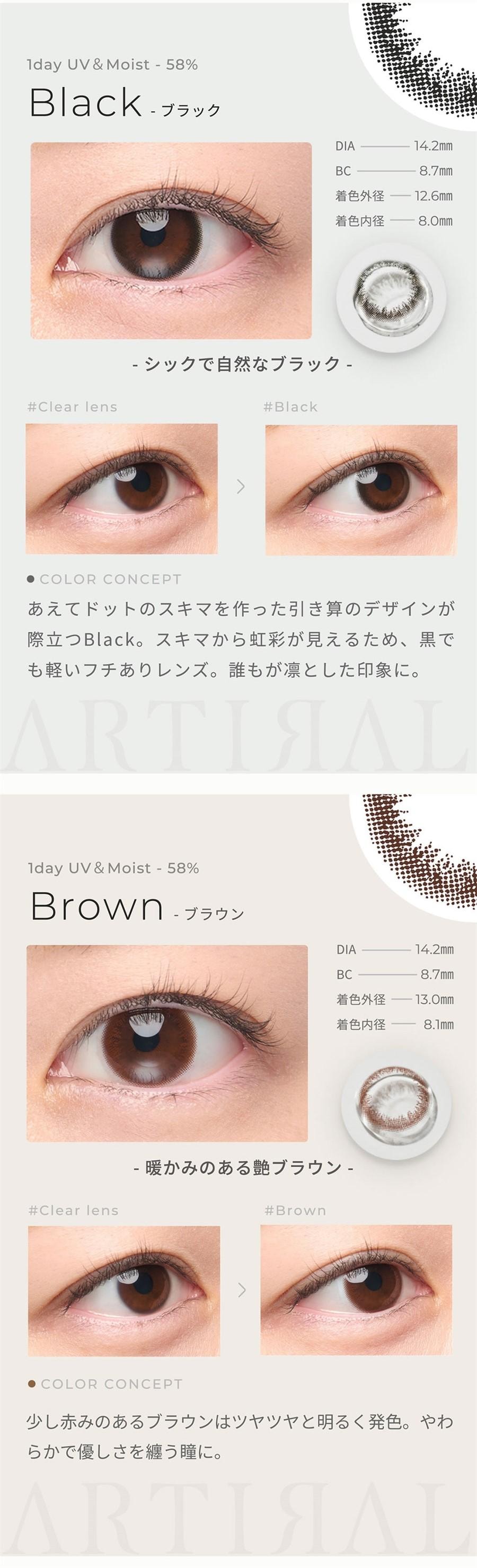 【日本直邮】Artiral UVM 日抛美瞳 抗UV 含水量58% 10枚 Brown 自然棕 (棕色系)着色直径13.0mm 预定3-5天日本直发 度数 0