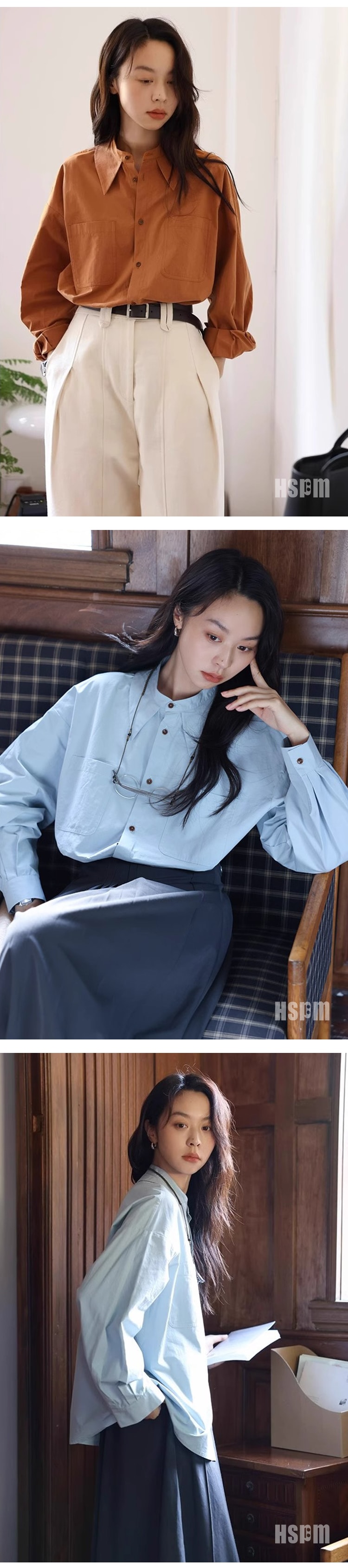 【中国直邮】HSPM 新款气质尖领简约通勤长袖衬衫 南瓜橘 M