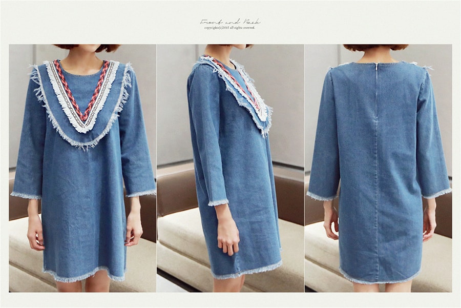 [KOREA] Ethnic Denim Dress #Mid-Blue One Size(S-M) [免费配送]