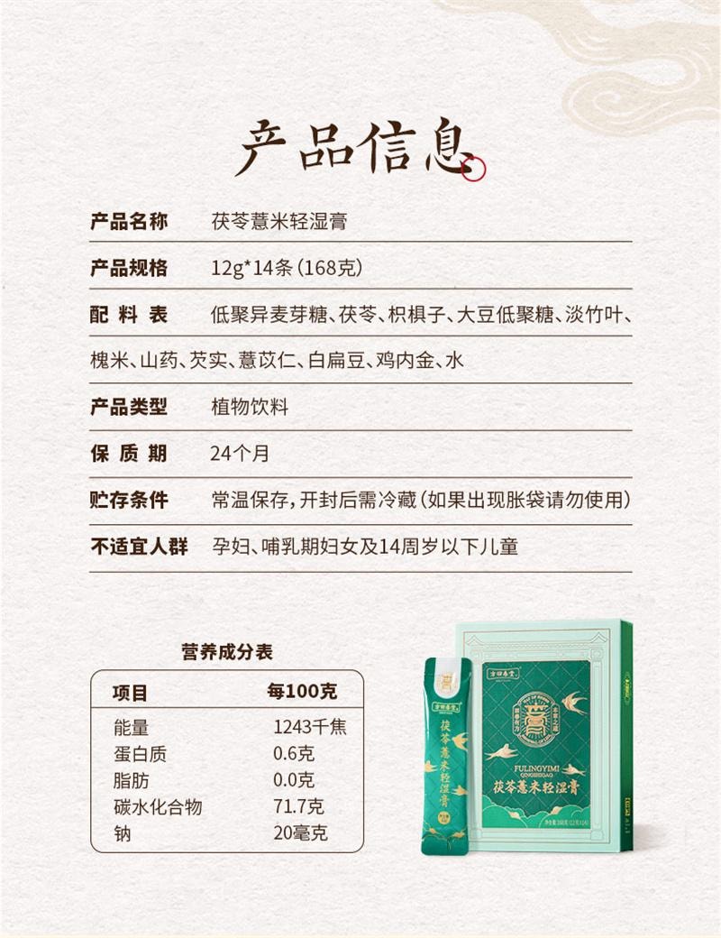 【中國直郵】 方回春堂 茯苓薏米輕濕膏12g*14條/盒 薏仁膏去草本伏茯濕膏正品山藥芡實