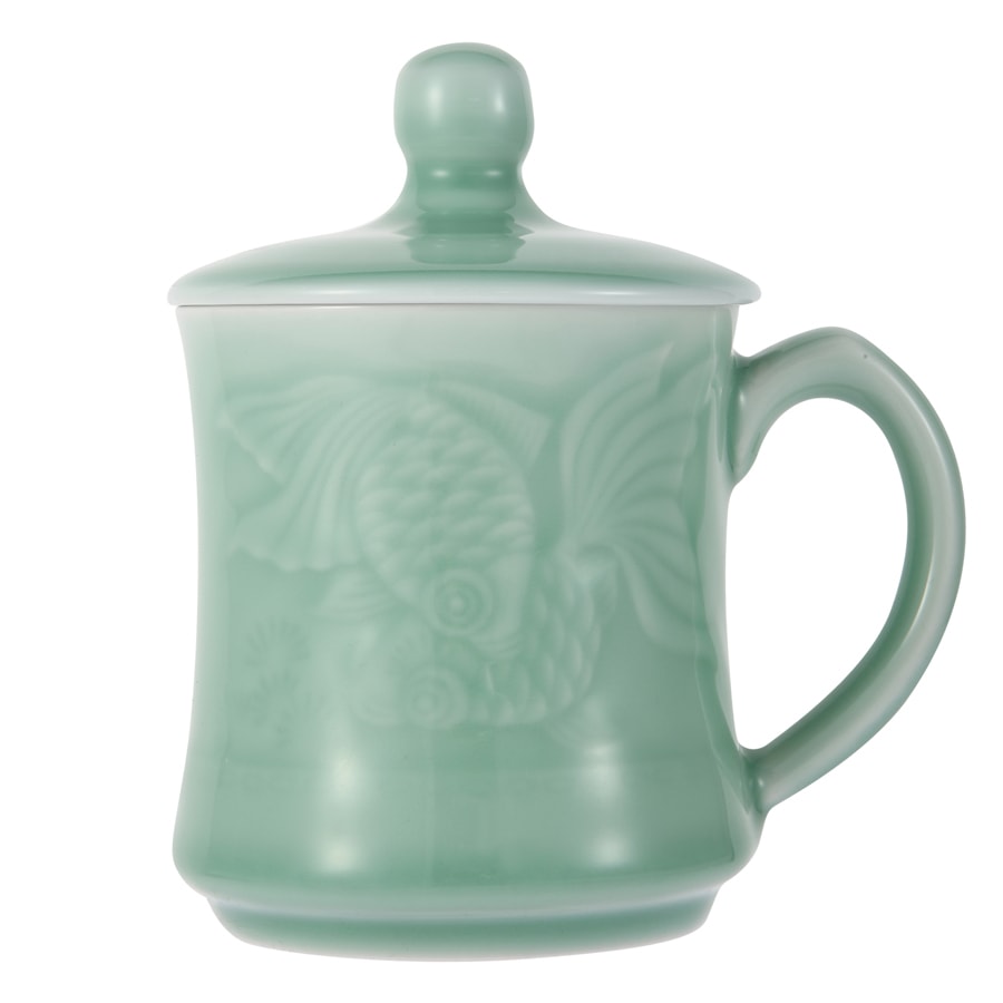 青花瓷茶杯 咖啡杯 牛奶杯 GREEN VALLEY青瓷带盖双鱼杯子礼盒 中国龙泉青瓷 世界非物质文化遗产 13盎司水杯 梅子青