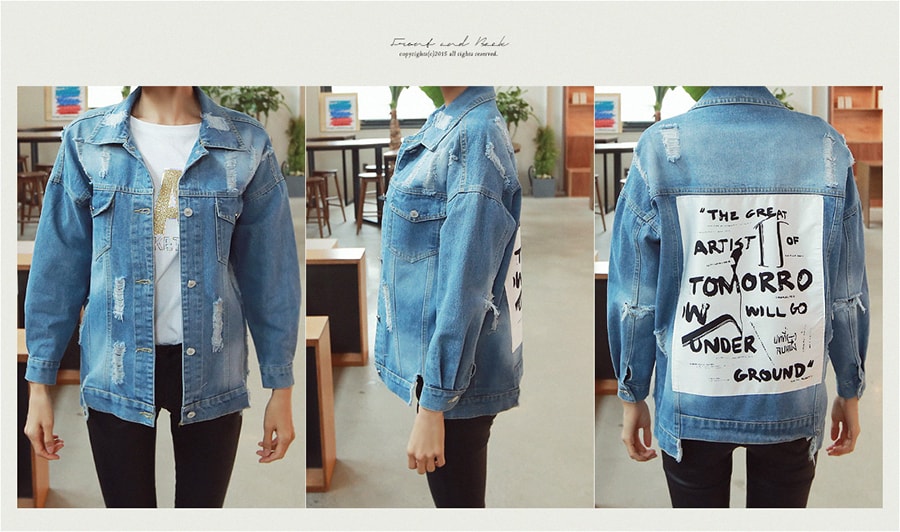 [KOREA] Tomorrow Patch Distressed Denim Jacket #Blue One Size(S-M) [免费配送]