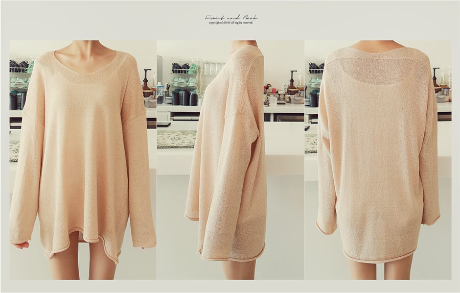 WINGS Oversized V-Neck Tunic Knit Top #Beige One Size(Free)