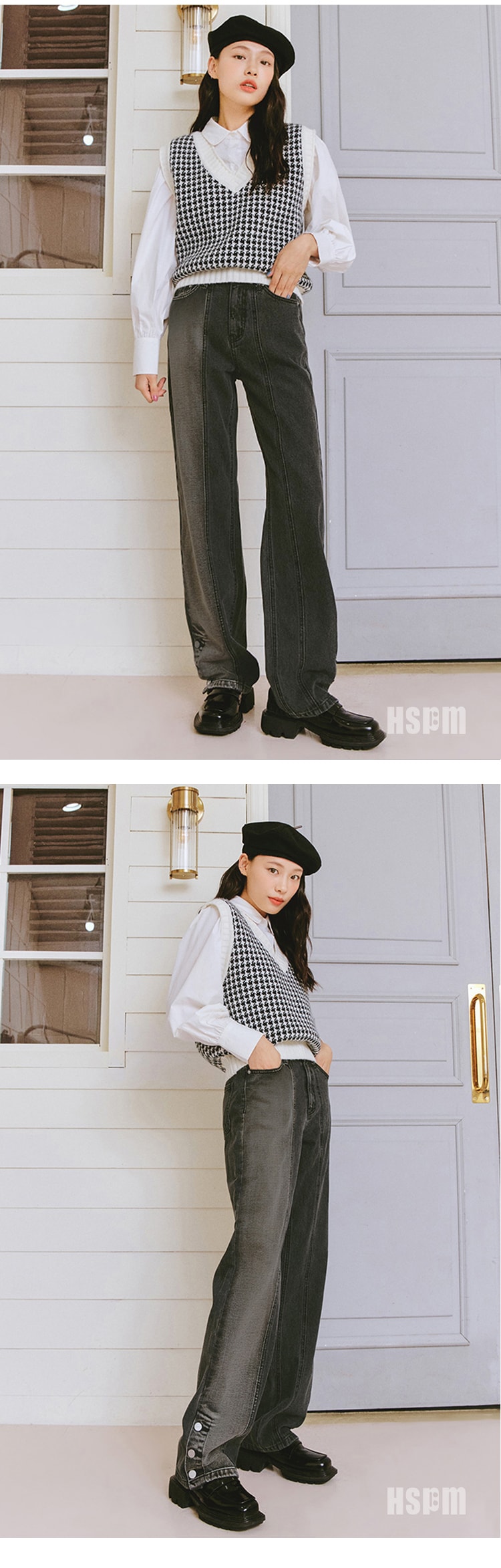 【中國直郵】HSPM 新款寬鬆拼接開拓腿牛仔褲 藍色 S