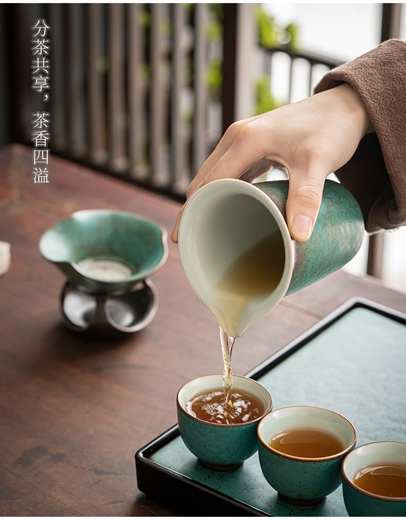 BECWARE中國傳統窯變工藝9頭茶具組 高端功夫茶具帶茶盤 孔雀綠 1件入