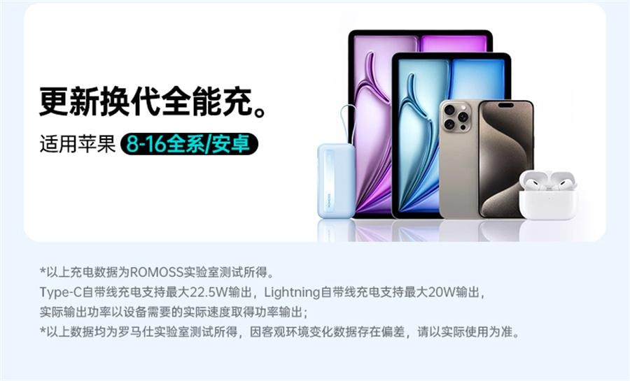 【中国直邮】 罗马仕 10000毫安充电宝2024新款快充1万毫安超薄小巧便携自带线移动电源  双线蓝色