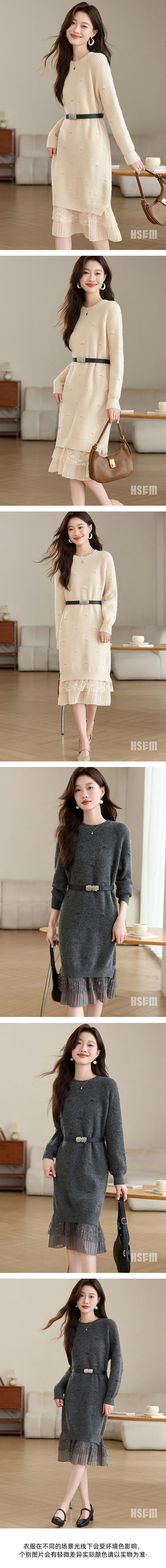 【中国直邮】 HSPM 新款御姐轻熟配腰带毛衣裙 杏色 S