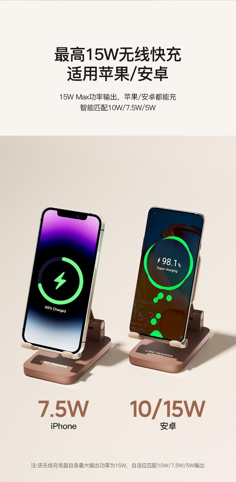 【中国直邮】日本 LINE FRIENDS 桌面懒人支撑快充通用多功能二合一底座手机支架无线充电器  布朗熊