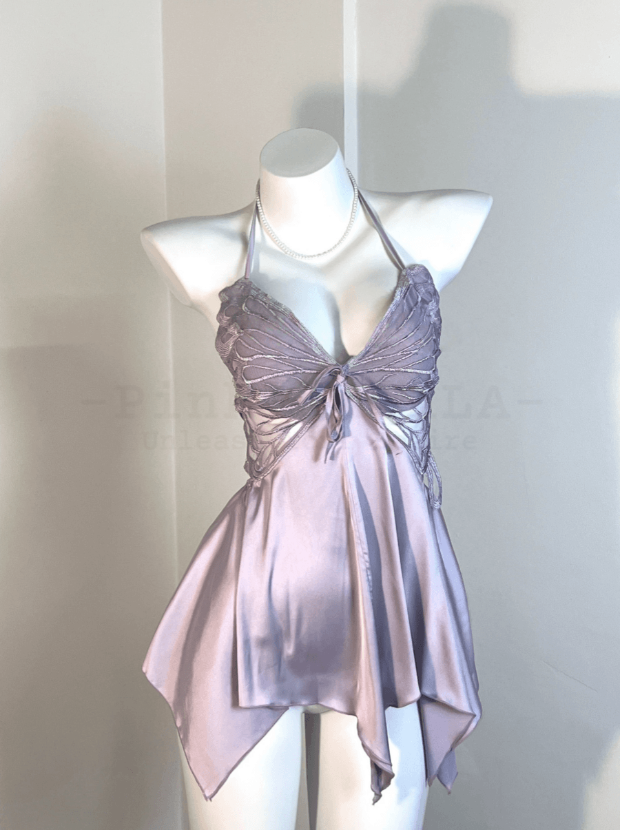 French-Inspired Butterfly Lace Satin Nightdress Set with Robe – Elegant Lavender Gray