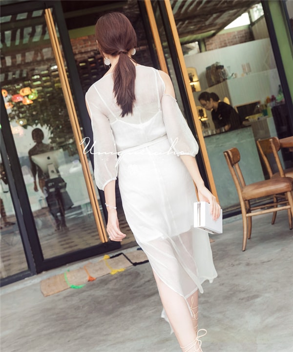 Ladies Women Simple Elegant White Mid-Calf Silk Dress with Sling Dress Two-piece Set S