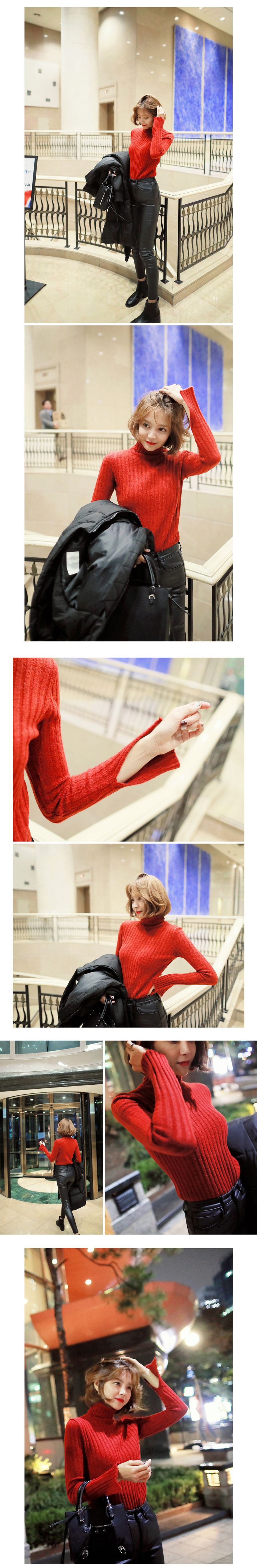 KOREA Turtleneck Bell Sleeve Ribbed Knit Top Red One Size(S-M) [Free Shipping]
