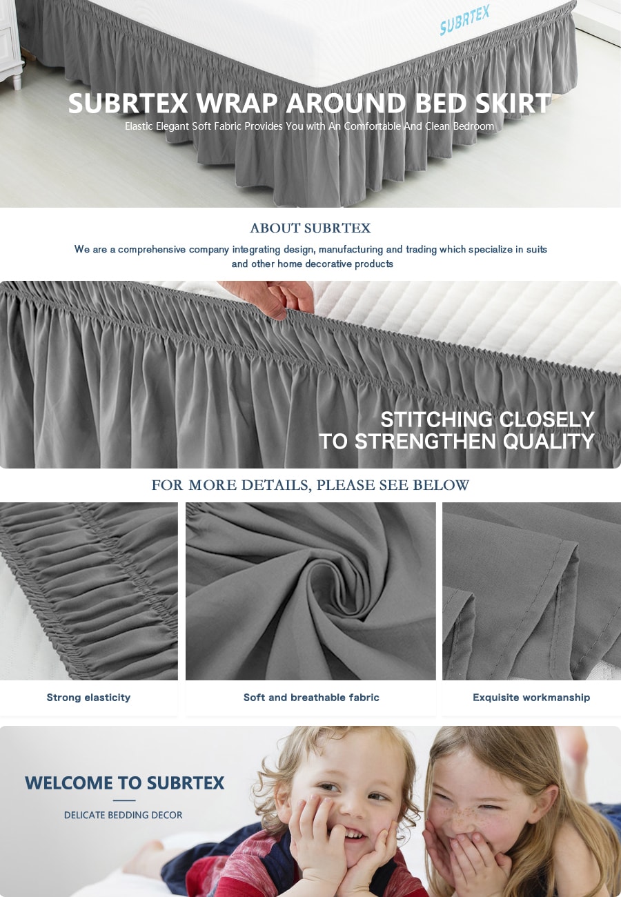 Wrap Around Bed Skirt Elastic Elegant Soft Fabric Ruffled Fade Resistant Replaceable (Queen Gray)