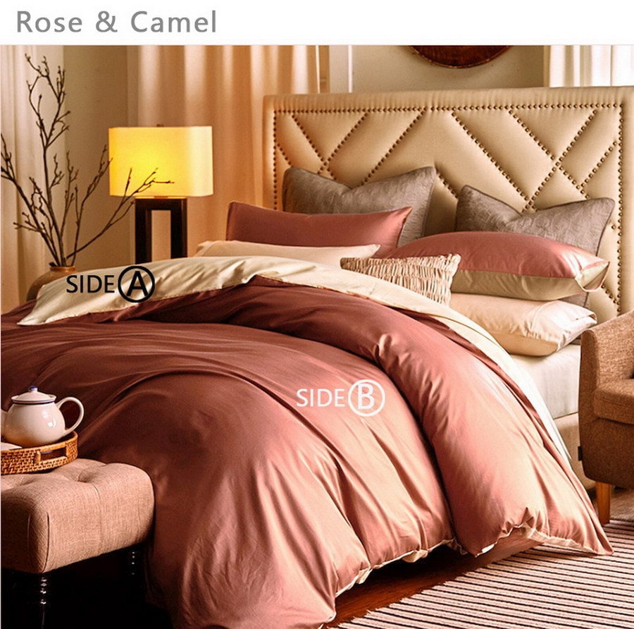 J.F.AMIEE 纯棉埃及棉800根高档长绒棉 正反两色被套三件套 被套枕套 玫瑰红/卡其 Queen/King