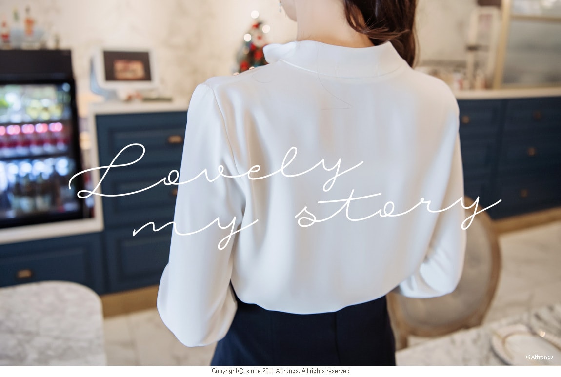 【韩国直邮】ATTRANGS 褶皱优雅高贵的珍珠扣衬衫 乳白色 均码