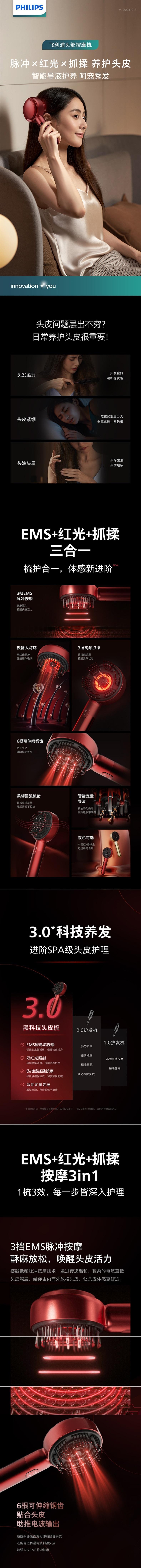 【中國直郵】 飛利浦 頭皮按摩梳養髮梳紅光健髮梳 抓肉脈衝紅光兼具 3檔抓揉 智慧精華導液 可搭配精油使用 紅色 USB充電
