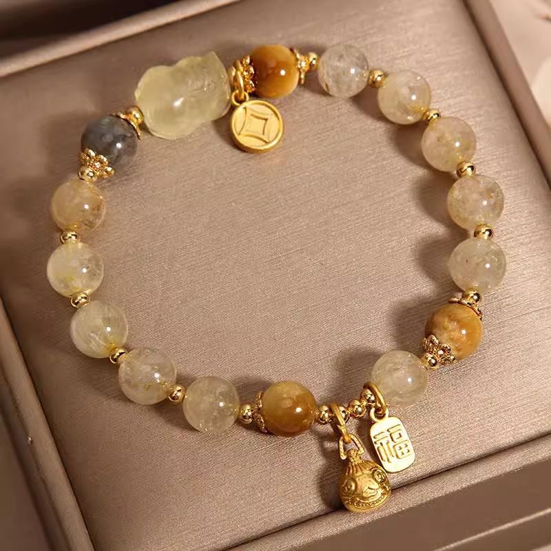 【財源滾滾】天然金髮晶月光石手鍊 女吞金獸手串 8mm 情人節送禮佳選